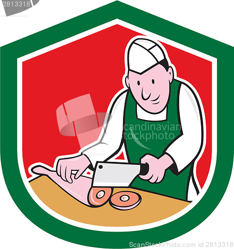 Image of Butcher Chopping Meat Shield Cartoon