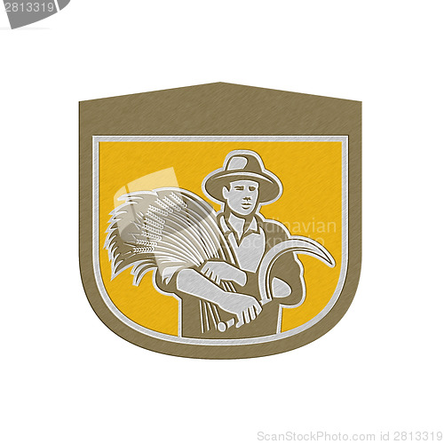 Image of Metallic Wheat Farmer With Scythe and Crop Harvest Retro