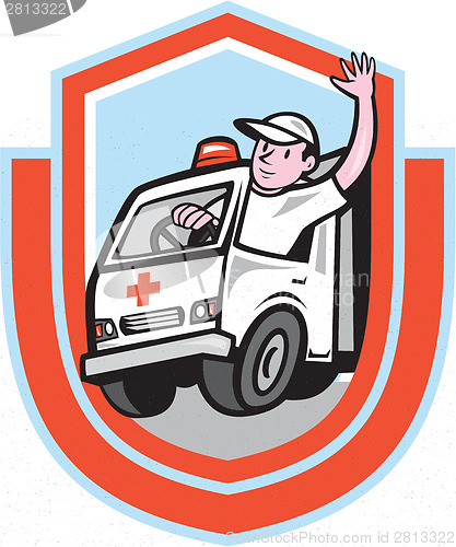 Image of Ambulance Emergency Vehicle Driver Waving Shield Cartoon