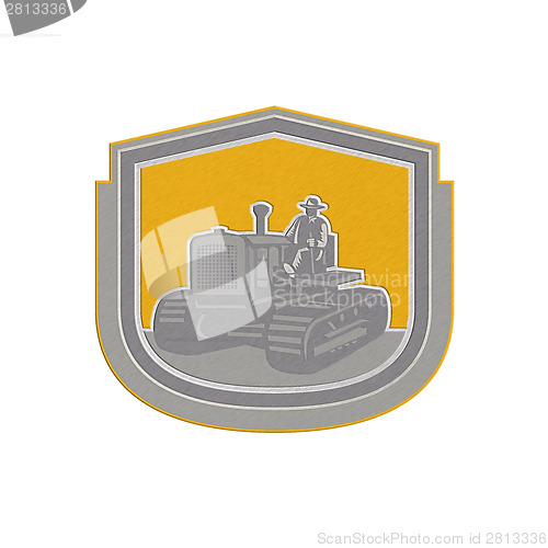 Image of Metallic Farmer Driving Tractor Plowing Farm Shield Retrometallic, 3d, metal,