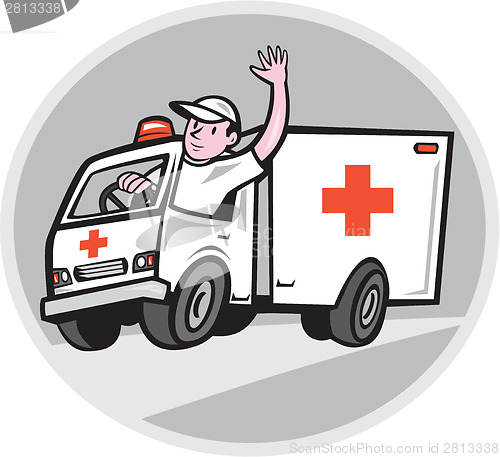 Image of Ambulance Emergency Vehicle Driver Waving Cartoon