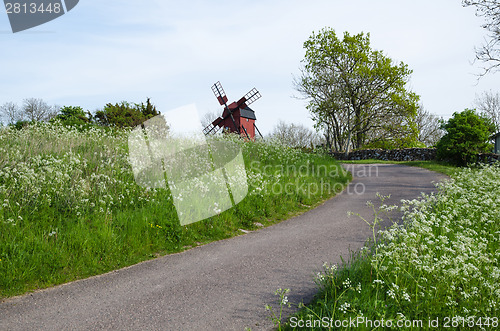 Image of Country road surrounded by cow parsley with an old windmill ahea