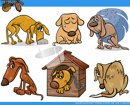 Image of sad stray dogs cartoon illustration set
