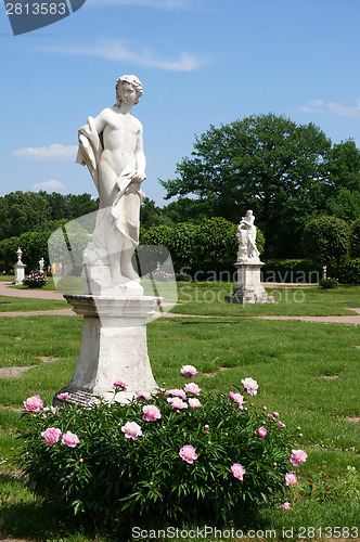 Image of Summer park with marble sculptures