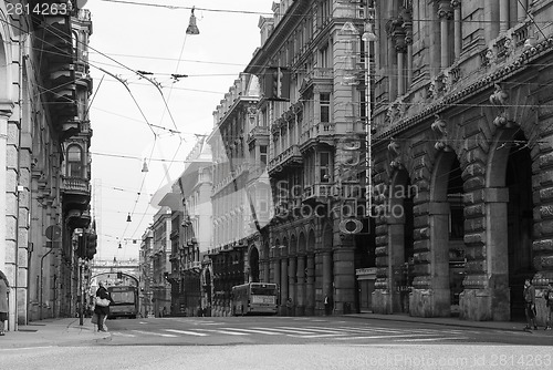 Image of Black and white Via XX Settembre colonnade in Genoa