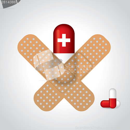 Image of Medicine sticked to gray background with plasters 