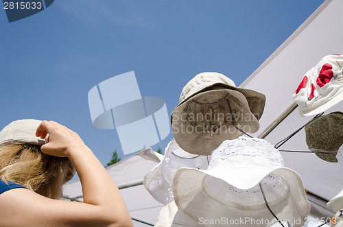 Image of woman size white linen summer hat outdoor fair 