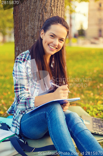 Image of smiling teenager writing in notebook