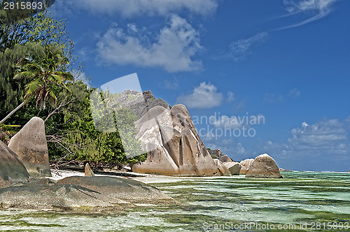 Image of Stretch of  sandy beach between picturesque rock formations