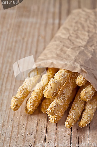 Image of bread sticks grissini with sesame seeds