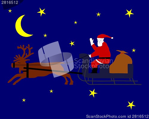 Image of Santa Claus riding on his reindeersleigh through the christmas night