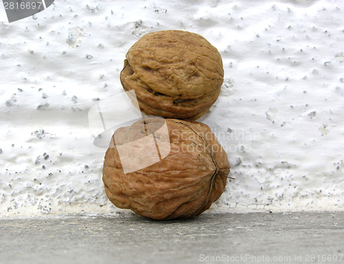 Image of Two stapled walnuts in front of white wall