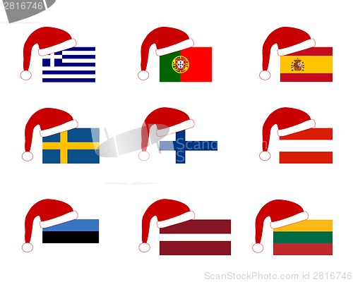 Image of Flag of nine countries with Santa Claus cap