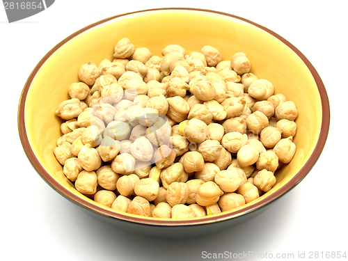 Image of One bowl of ceramic with garbanzos on white