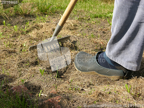 Image of Cutout man with rake doing work in the garden