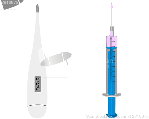 Image of Illustration of clinical thermometer and injection on white