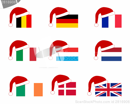 Image of Flag of nine countries with Santa Claus cap