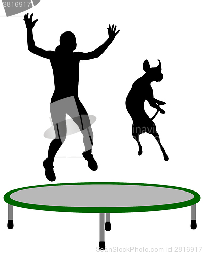 Image of Woman and dog trampoline