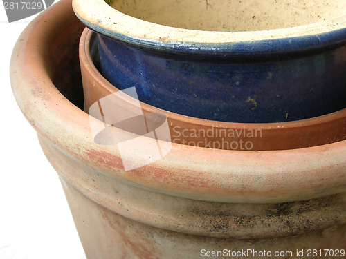 Image of Three stacked brown and blue plant pots