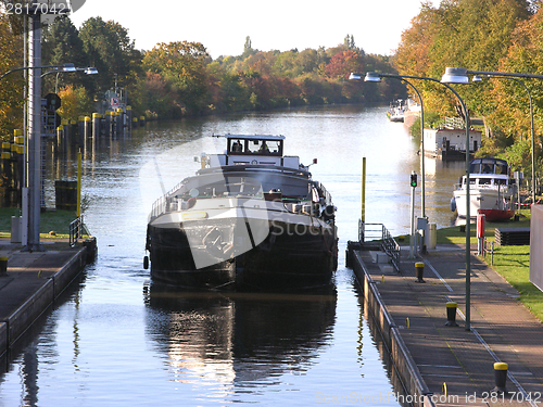 Image of Barge in a canal in Oldenburg in autumn