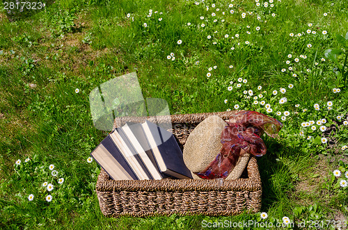 Image of Wicker basket full of books and retro hat in lawn 