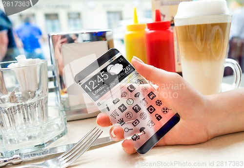 Image of Smartphone with transparent screen in human hands.