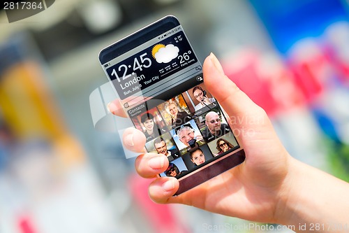 Image of Smartphone with transparent screen in human hands.