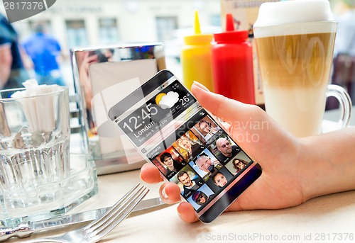 Image of Smartphone with transparent screen in human hands.