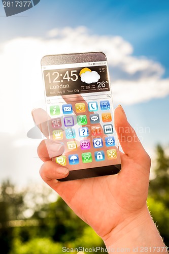 Image of Smartphone with transparent screen in human hands.