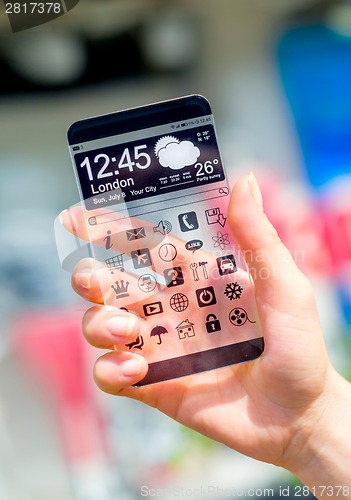 Image of Smartphone with transparent screen in human hands.