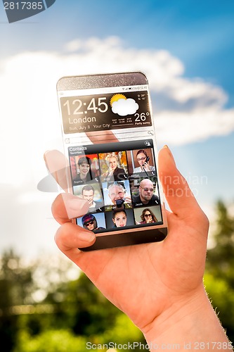 Image of Smartphone with transparent screen in human hands.