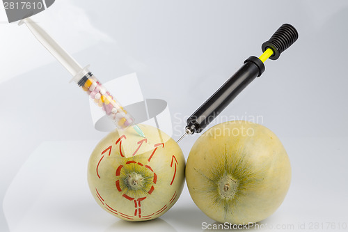 Image of Melons, syringe with pills and bicycle pump