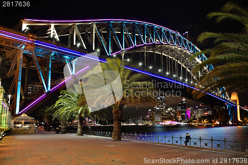 Image of Sydney Harbour Bridge in pink blue and aqua