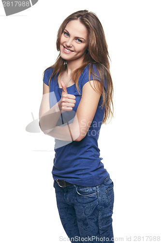 Image of Smiling emotional girl giving you thumb up
