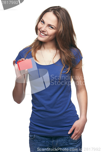 Image of Happy smiling girl showing blank credit card