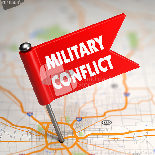 Image of Military Conflict - Small Flag on a Map Background.