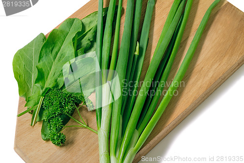 Image of Green onions, parsley and sorrel on a white background