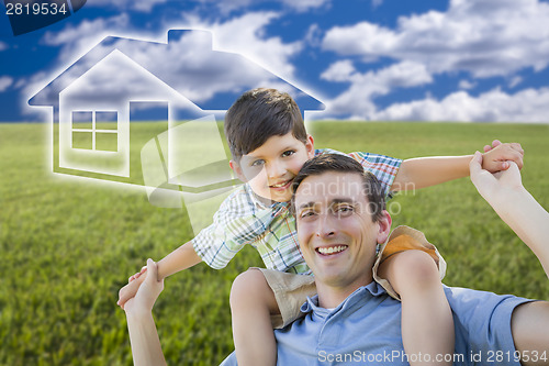 Image of Father and Son Over Grass Field, Sky, Ghosted House Icon