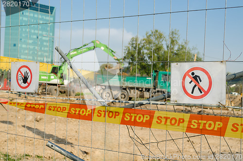 Image of fence security stop warning do not enter sign   