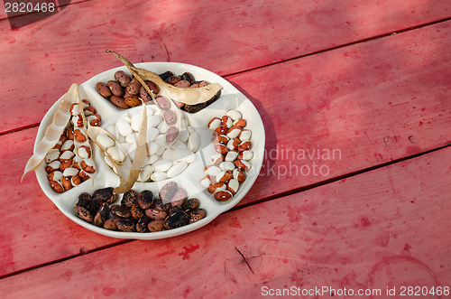 Image of dried bean of plate with sections on wooden table  