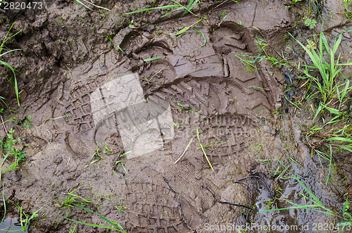 Image of bright shoes footprints on wet mud 