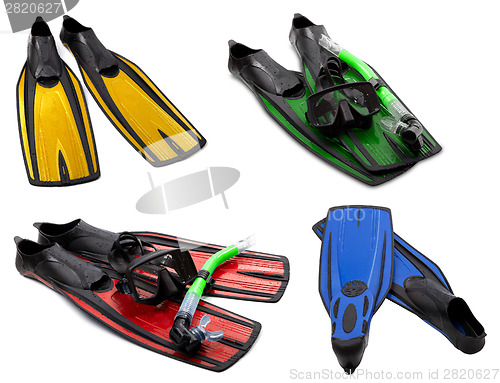 Image of Set of multicolored flippers, mask, snorkel for diving with wate