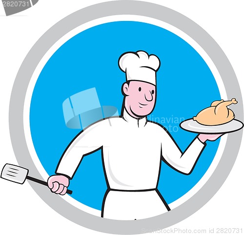 Image of Chef With Chicken Spatula Circle Cartoon