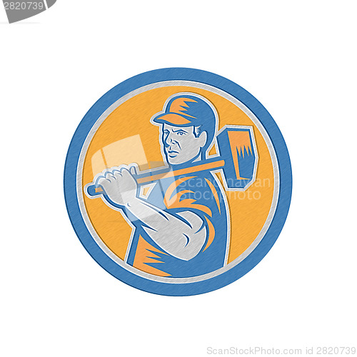 Image of Metallic Union Worker Holding Sledgehammer Circle Retro