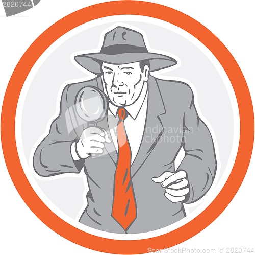 Image of Detective Holding Magnifying Glass Circle Retro