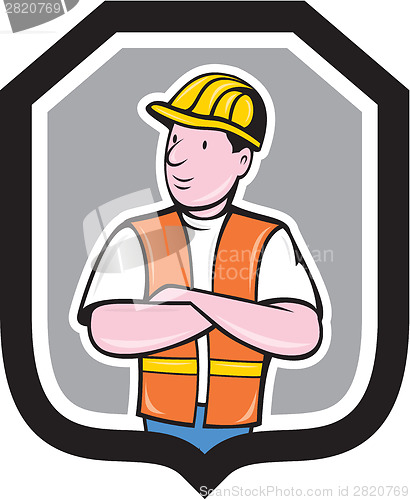 Image of Construction Worker Arms Crossed Shield Cartoon