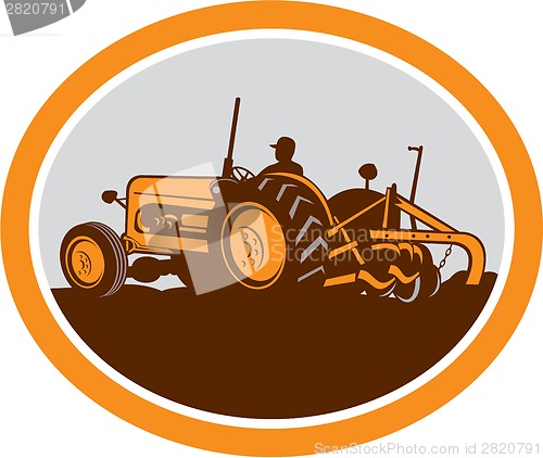 Image of Vintage Farm Tractor Farmer Plowing Oval Retro