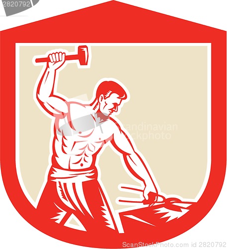 Image of Blacksmith Striking Sledgehammer Anvil Shield Retro