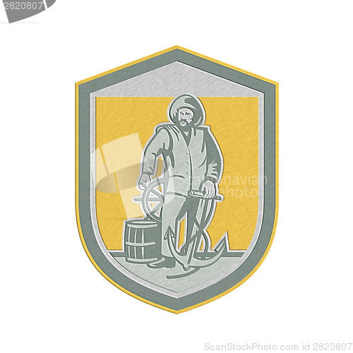 Image of Metallic Fisherman Holding Anchor Wheel Shield Retro