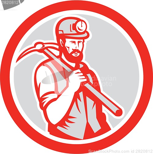 Image of Coal Miner Hardhat Holding Pick Axe Circle Woodcut